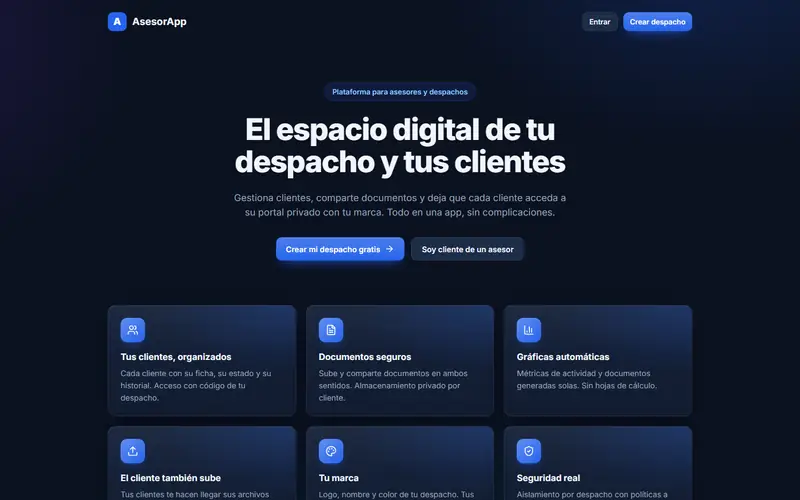 Captura de la web de AsesorApp, web app · asesorías