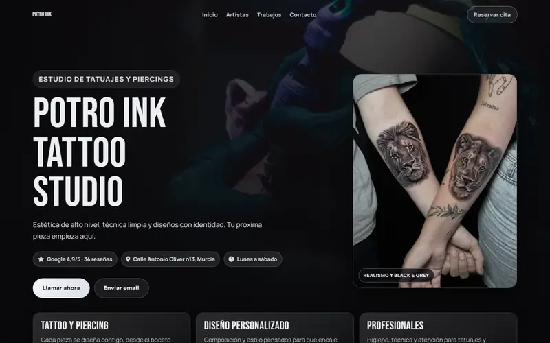 Captura de la web de Potro Ink Tattoo Studio, tatuajes · murcia